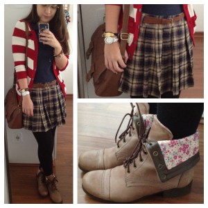 preppy: cardigan + pólo + xadrez